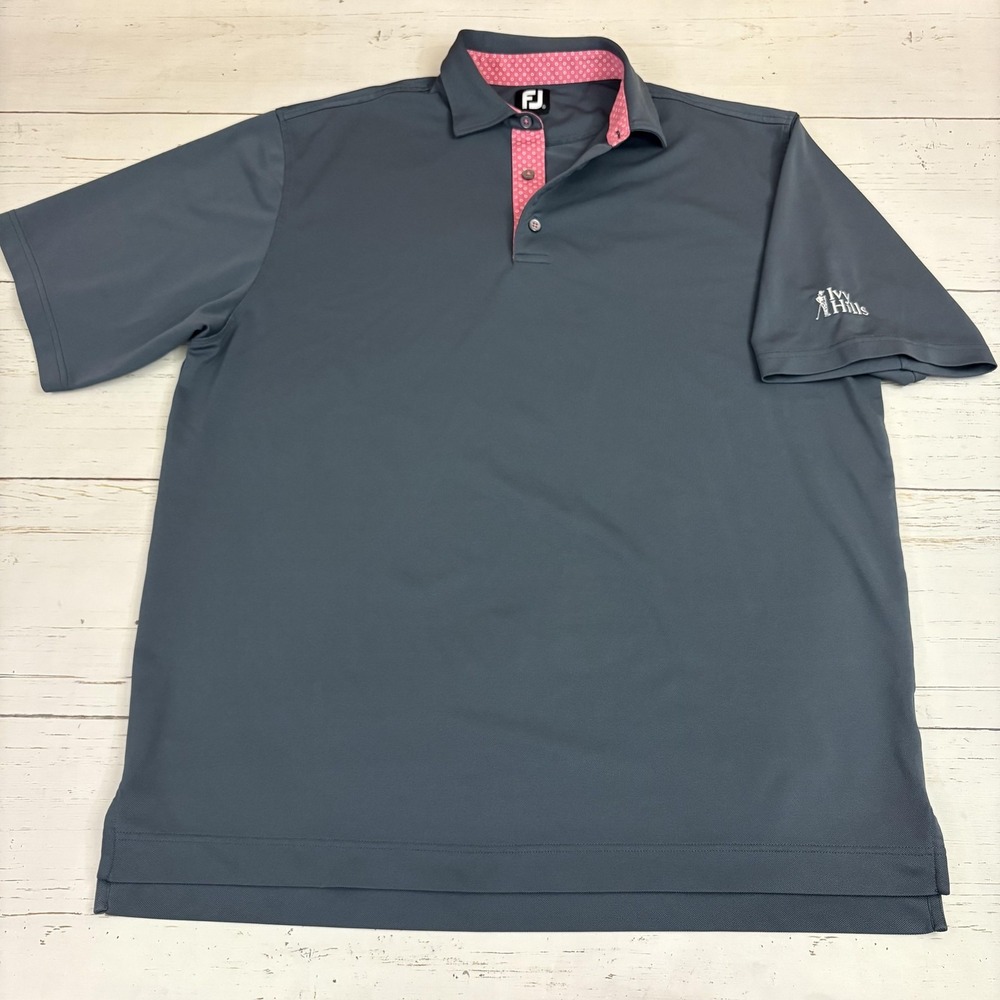 FootJoy Golf Polo Shirt Mens XL Gray Pink Trim Ivy Hills Golf Logo Performance